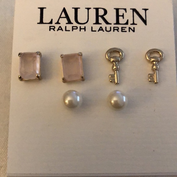 Lauren Ralph Lauren 3 Pair Stud Earring Set Key, Rose Quartz & Faux Pearl NWT - Picture 4 of 13